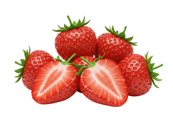 Isolated Pile of Fresh Ripe Strawberries Whole and Halved