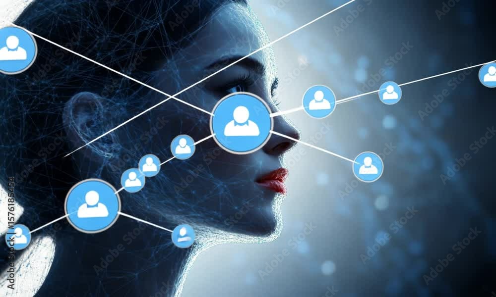 Poster profile view of a woman's face with digital network overlay and user icon highlights on the face