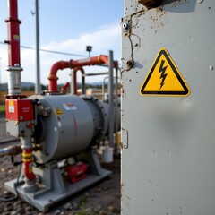 Industrial electrical warning: A detailed shot of industrial equipment prominently features a stark yellow and black electrical hazard symbol, against a backdrop of infrastructure.