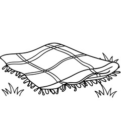 Blanket on grass in simple line art style, picnic blanket laid on field. Checkered blanket on grass is ideal for outdoor relaxation and sketching on the grass.