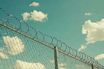 an iron fence atop a chain link fence with barbed wire. the upper fence is topped by razor wire, suggesting high security measures in place