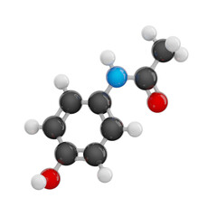 Paracetamol isolated on transparent background. Detailed 3D model of molecule. Molecular formula: C8H9NO2. Chemical model: Ball and Stick. 3D illustration