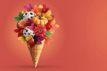 A colorful and bright creative layout featuring an ice cream cone filled with autumn leaves and a small pumpkin — a playful blend of fall and fantasy.