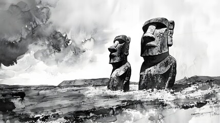 Monolithic figures standing on a coastal plain, a grayscale artistic interpretation.