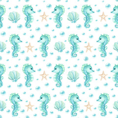 Seahorse watercolor children's character seamless pattern. Seashell, stars, bubbles isolated illustration. Turquoise nautical style for background. Kids design for stationary, textile, packaging