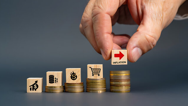 Hand placing inflation cube on stacked coins with economic symbols economy finance