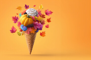 A colorful and bright creative layout featuring an ice cream cone filled with autumn leaves and a small pumpkin — a playful blend of fall and fantasy.