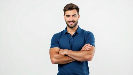 Handsome young man with a confident smile, arms crossed, standing in a t-shirt against a white background