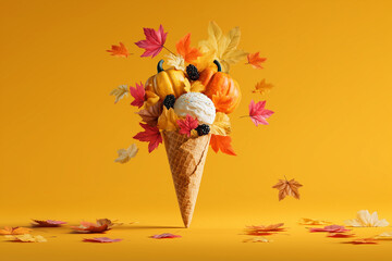 A colorful and bright creative layout featuring an ice cream cone filled with autumn leaves and a small pumpkin — a playful blend of fall and fantasy.