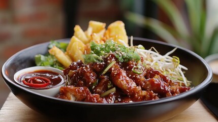 Fototapeta premium Chinese takeaway food. Crispy shredded beef, sweet and sour chicken wings, egg noodles with bean sprouts, pineapple, chilli dip and prawn crackers