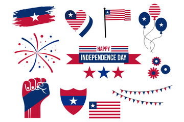 Liberia Happy Independence Day Vector Elements set, for social media posts, banners and posters, Liberian flag, hearts, fireworks, clenched hand, balloons and many more.