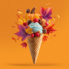 A colorful and bright creative layout featuring an ice cream cone filled with autumn leaves and a small pumpkin — a playful blend of fall and fantasy.