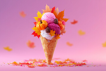 A colorful and bright creative layout featuring an ice cream cone filled with autumn leaves and a small pumpkin — a playful blend of fall and fantasy.