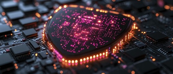 Close-up view of a glowing circuit board chip.