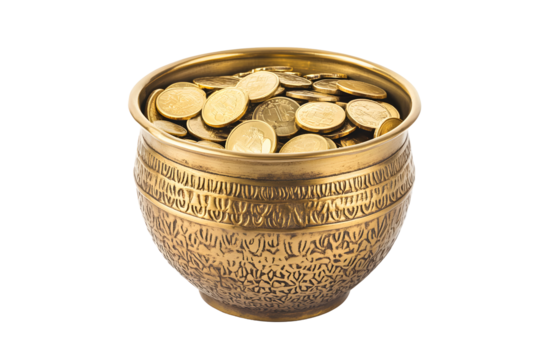 Golden pot overflowing with coins on a black background, concept of wealth