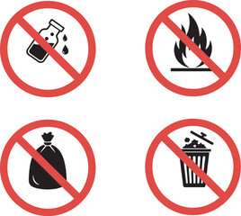Four prohibition signs: corrosive substance, fire, trash bag, and overflowing trash can.
