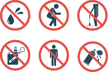Six prohibition symbols depict actions disallowed: water splashing, sitting, urination, vaping, standing, and graffiti spraying.