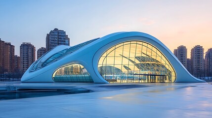 Obraz premium A modern train station with arched design, showcasing sleek transportation and urban infrastructure elements