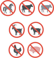 Prohibition signs featuring various farm animals, indicating a restriction or ban.