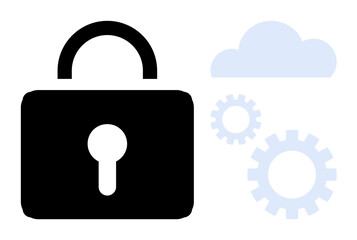 Lock symbol for security, gear icons for functionality, and cloud for storage. Ideal for cybersecurity, encryption, secure cloud, online safety, technology, data management simple flat metaphor