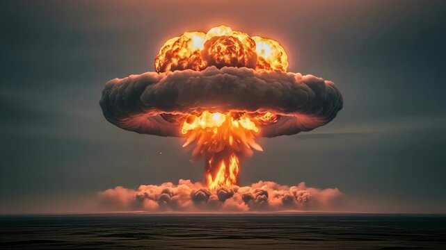 Vivid mushroom cloud rising after a nuclear explosion over a desolate landscape in dramatic scene