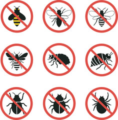 A collection of nine different insects with red prohibition signs over them, indicating a "no insects" or pest control concept.