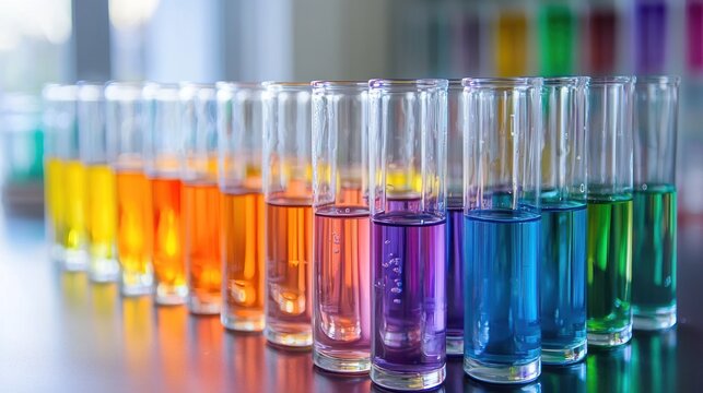 A row of colorful test tubes filled with various liquids, arranged in a rainbow pattern.