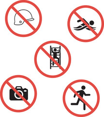 Prohibited activities depicted in red circle signs with black icons.