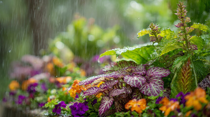 Obraz premium Close-up photograph of colorful garden plants glistening under fresh rain enhancing leaf textures and natural color with white natural light
