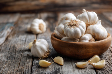 Fresh garlic cloves scattered across a rustic wooden table with a wooden bowl of bulbs in bright natural lighting