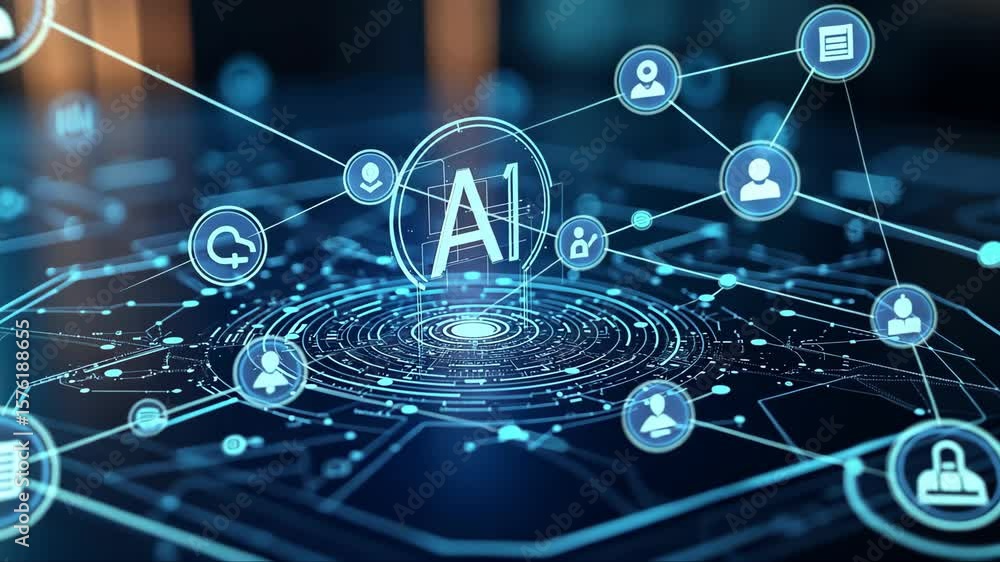 Poster ai technology interface with futuristic icons and glowing elements background