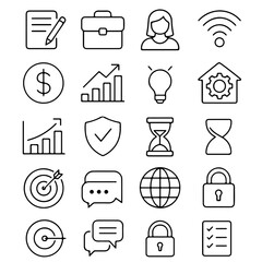 An intricate set of minimalistic business icons, representing a modern workplace, ready to be incorporated in a variety of projects.