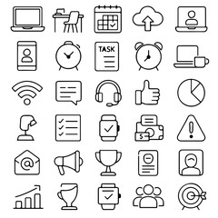 An array of line icons represents the various facets of modern digital office life, including communication, productivity and professional tools.