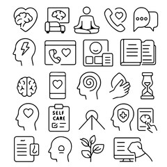An assortment of black and white mental health and wellness icons, covering essential concepts with a touch of modern minimalism.