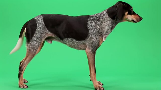 Bluetick Coonhound Dog Standing in Profile on Green Screen Background, Full Body Studio Shot for Cutout