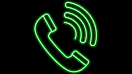 Neon green telephone icon with radiating signal lines on a black background.