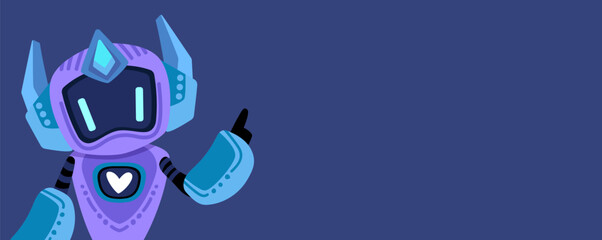 Cute artificial intelligence chat bot. Banner concept with copy space for your text, AI servers help technology background. Online communication, support assistance, cartoon digital agent. Vector illu