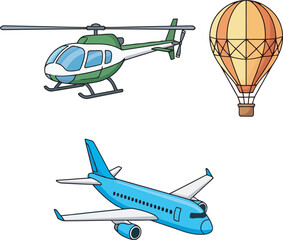 Cartoon depiction of three modes of air transport: a helicopter, a hot air balloon, and an airplane.