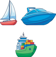 Three cartoon illustrations of watercraft: a sailboat, a speedboat, and a cargo ship.