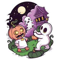Naklejka premium Halloween Nighttime Fun Pumpkin Ghostly Playtime Spooky Mansion Backdrop