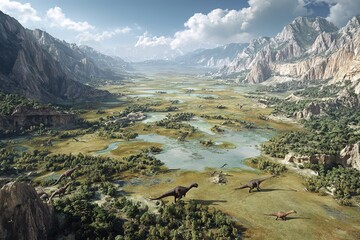wide aerial shot of a jurassic valley surrounded by mountains with multiple dinosaur species wandering in the open plains 