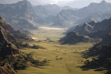 wide aerial shot of a jurassic valley surrounded by mountains with multiple dinosaur species wandering in the open plains 
