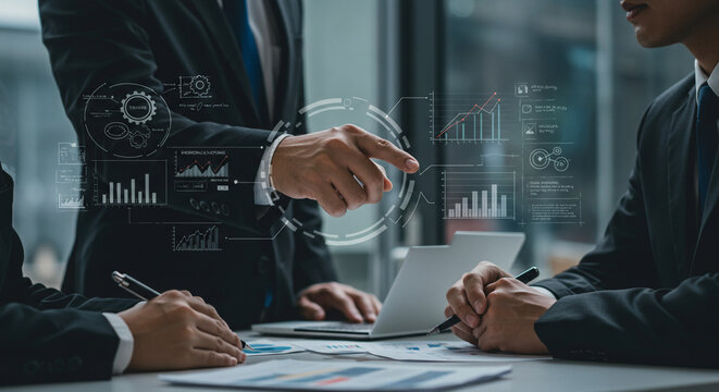 Business leaders in a high-tech meeting using a holographic dashboard for strategic planning.