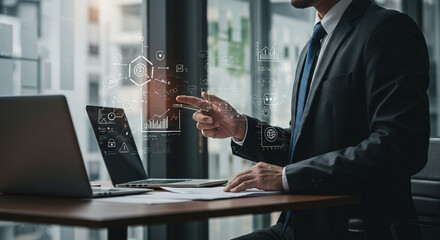 A modern business meeting where a team uses technology to visualize and discuss corporate strategy.