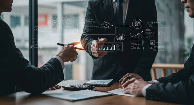 A corporate team analyzes business intelligence and reports using an advanced digital interface. - Powered by Adobe