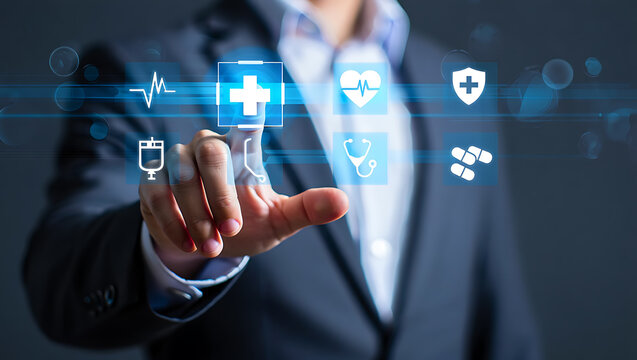 Person touching digital medical icons healthcare technology
