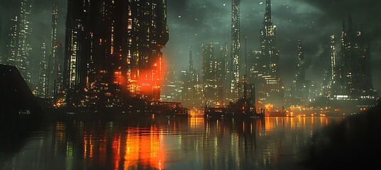 Fototapeta premium Night view of a massive oil refinery glowing under industrial lights and smoke trails