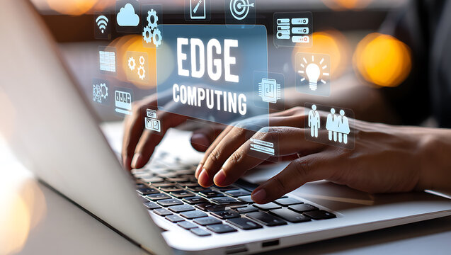 Person typing on laptop with digital interface hands technology