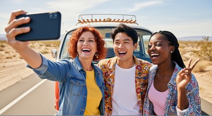Happy friends taking selfie on road trip with retro van in desert, enjoying vacation, freedom and friendship. Diverse young adults smiling outdoors on travel adventure under sunny blue sky