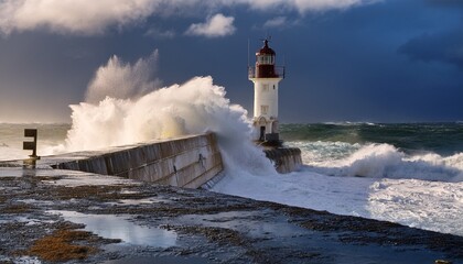 Obraz premium powerful ocean waves crashing against a sturdy lighthouse during an intense storm